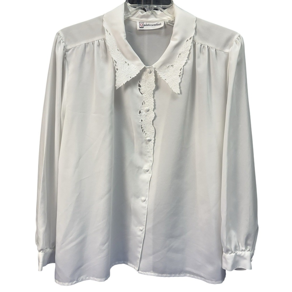 Vintage Quintessentials Ivory Lace Collar Blouse Womens 42 Button Front EUC